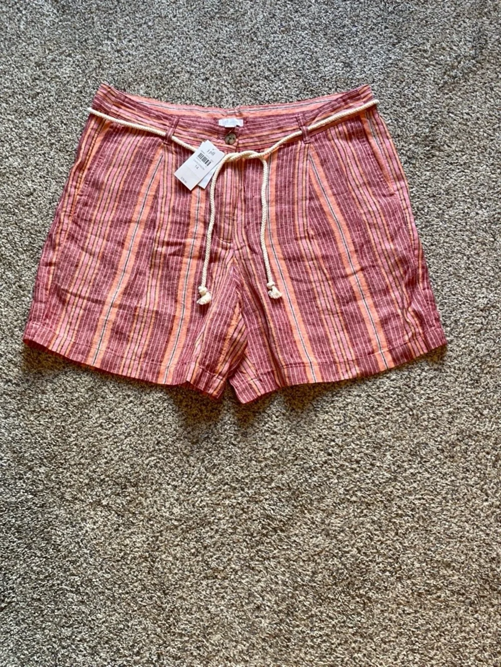 J. Jill Women’s NWT 100% Linen Striped Shorts in Coral and Cream with Rope Belt